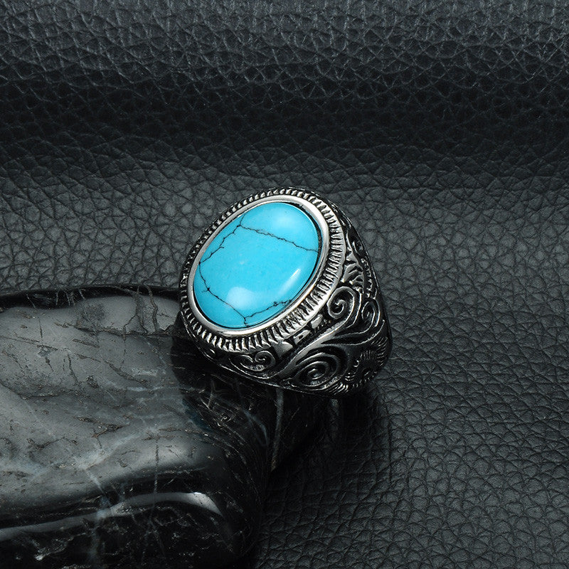 Mens Unique Turquoise Heavy Metal Casting Titanium Stainless Steel Ring