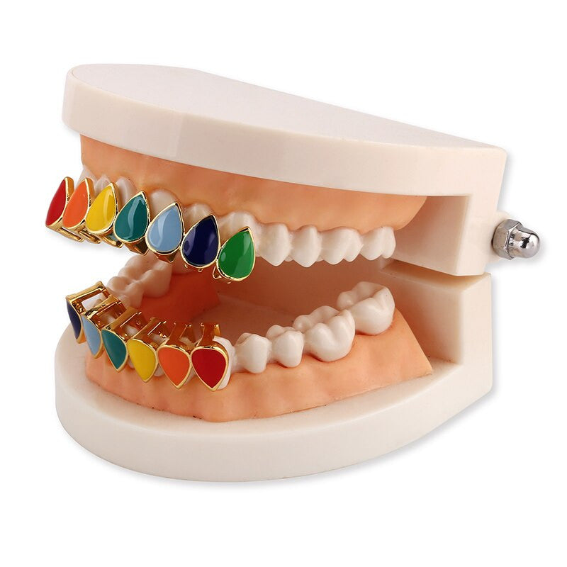 Hip Hop Rainbow Tear Drops 14k Gold .925 Silver Grillz Top Bottom Teeth Grill Set