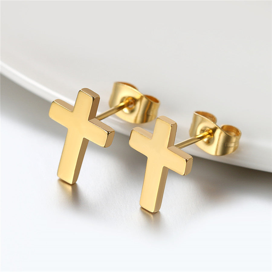 Mens 14k Gold Silver Black Solid No Tarnish Stainless Steel Prayer Cross Earrings