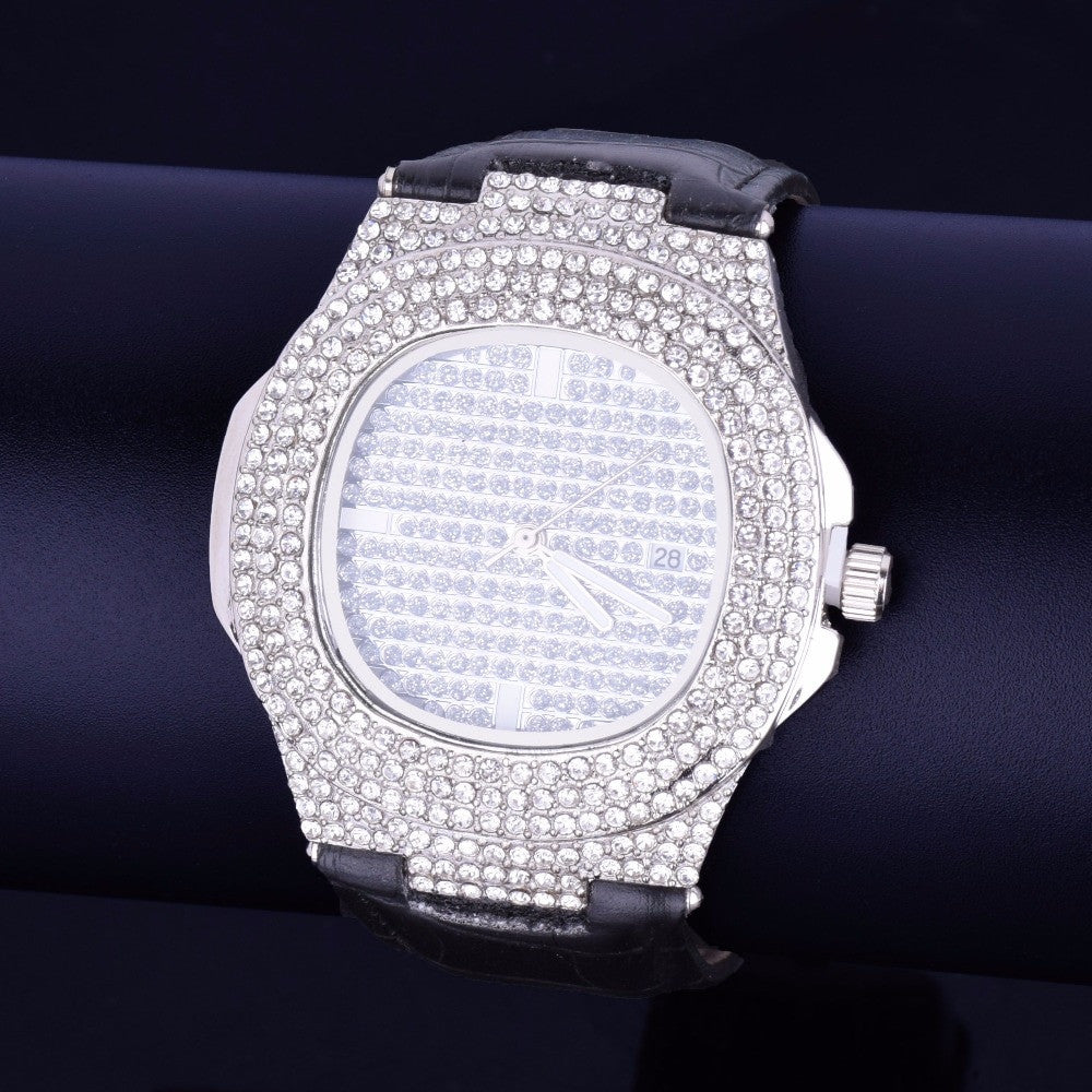 Mens Lab Diamond Luxury Iced Faced 925 Silver 14k Gold Stainless Steel Bling Leather Watch