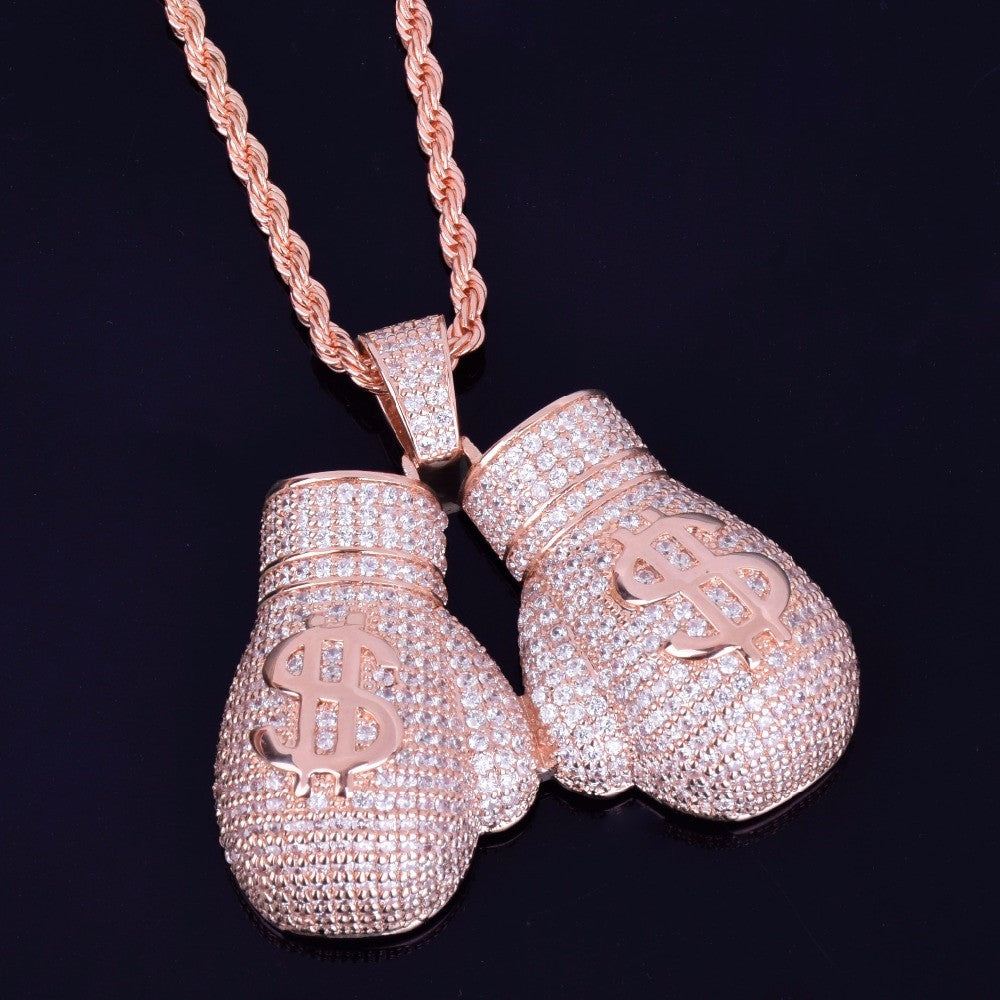 .925 Silver Rose Gold Hip Hop 18k Micro Pave AAA True Micro Pave Money Boxing Gloves Pendant