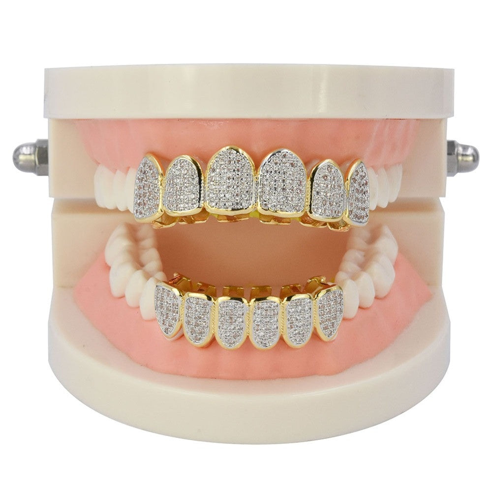 Classic 6 Tooth Teeth Micro Pave Iced Grillz Set Gold Silver Teeth Grillz Top Bottom