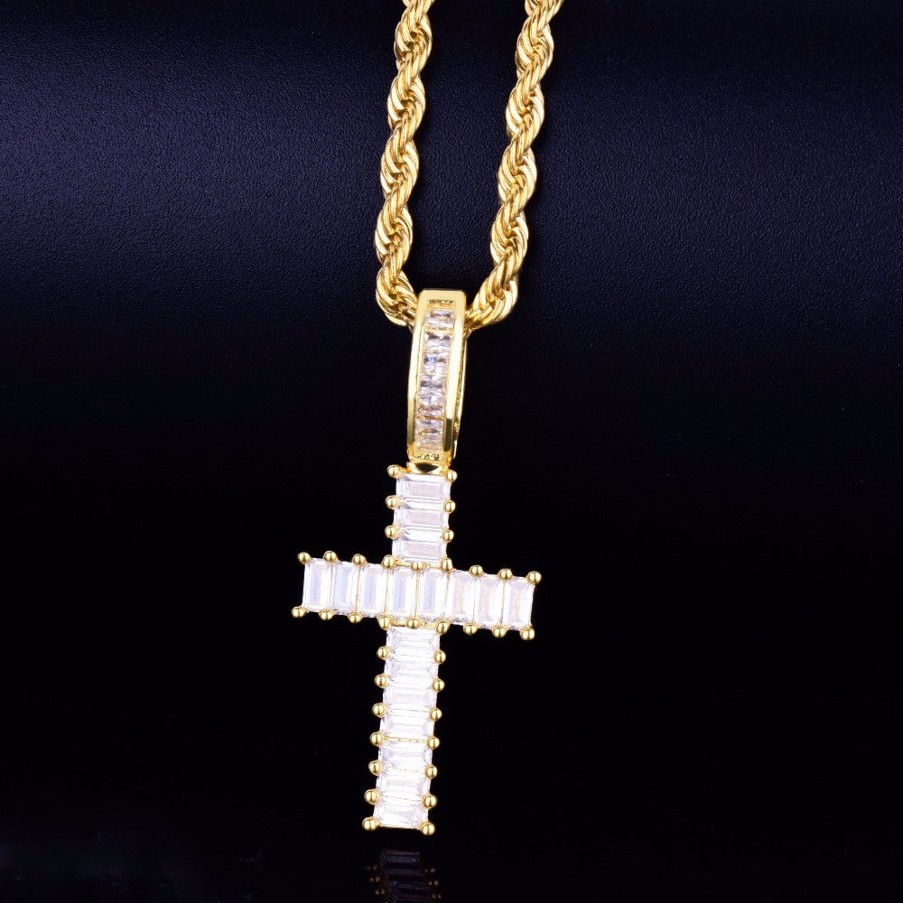 18k Gold Mini Baguette Flooded Ice Cross Pendant