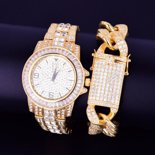 Luxury Baguette 14k Gold Stainless Steel Bling Watch Cuban Link Bracelet Set