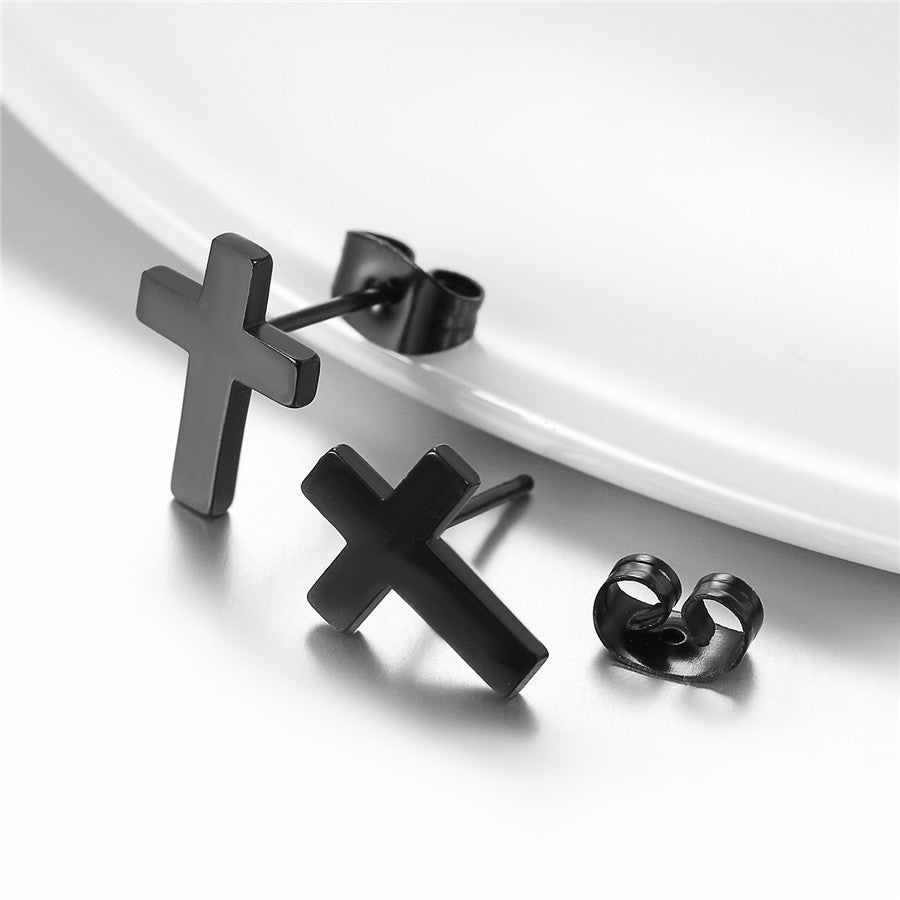 Mens 14k Gold Silver Black Solid No Tarnish Stainless Steel Prayer Cross Earrings