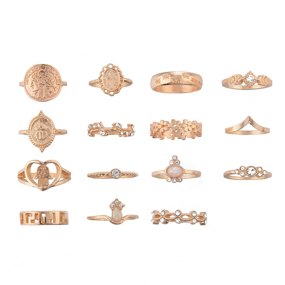 15 Piece Hearts Fatima Hand Virgin Mary Cross Ring Set Gold