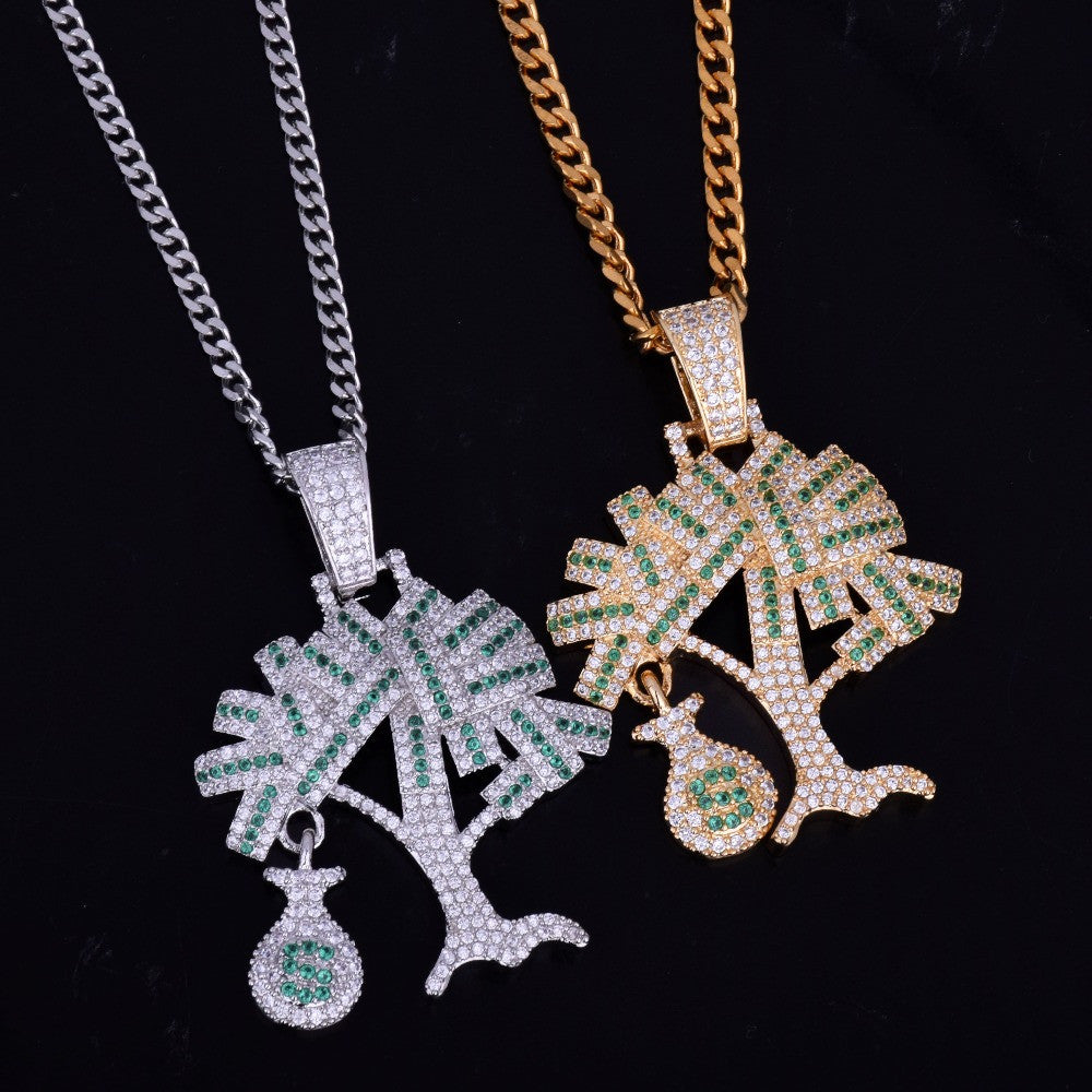 18k Gold .925 Silver Mens Iced AAA True Micro Pave Money Tree Hip Hop Chain Pendant