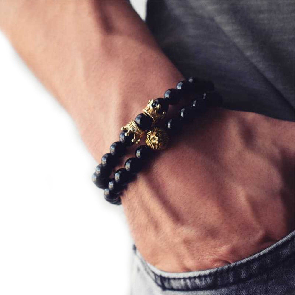 Mens King Of Kings Lion Crown Beaded Bracelet 2 Piece Set