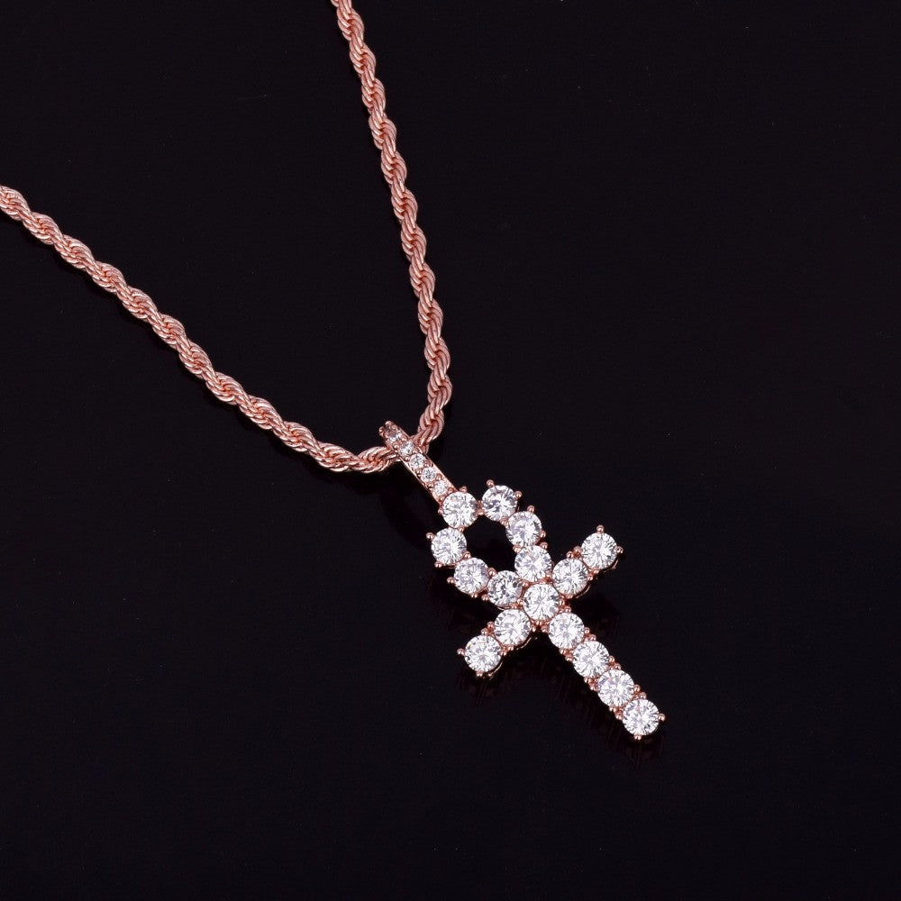 Flooded Ice Key Of Life 22k Gold Silver Rose Gold African Egyptian Ankh Cross Pendant Chain Necklace