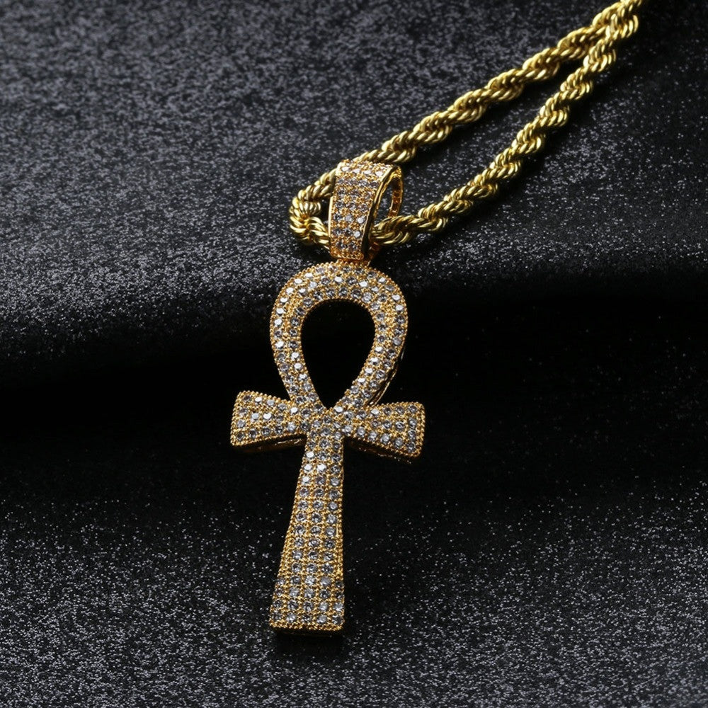Hip Hop 14k Gold Silver Ankh Cross AAA Micro Pave Pendant Chain Necklace