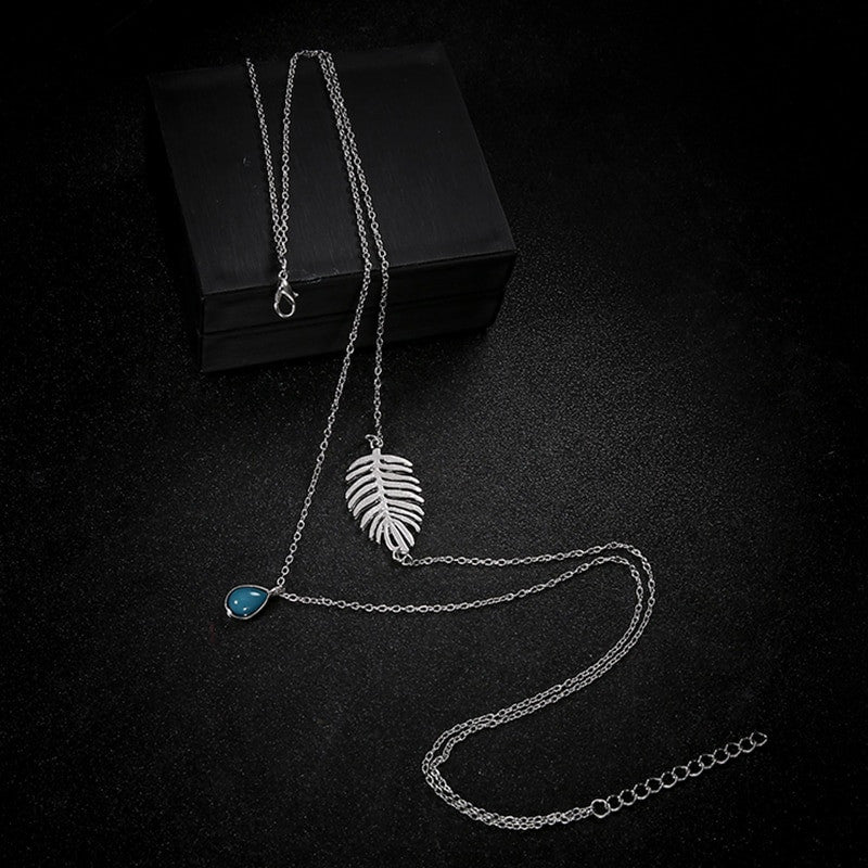 Boho Silver Leaf Water Drop Gem Multi Layer Chain Necklace Silver Set