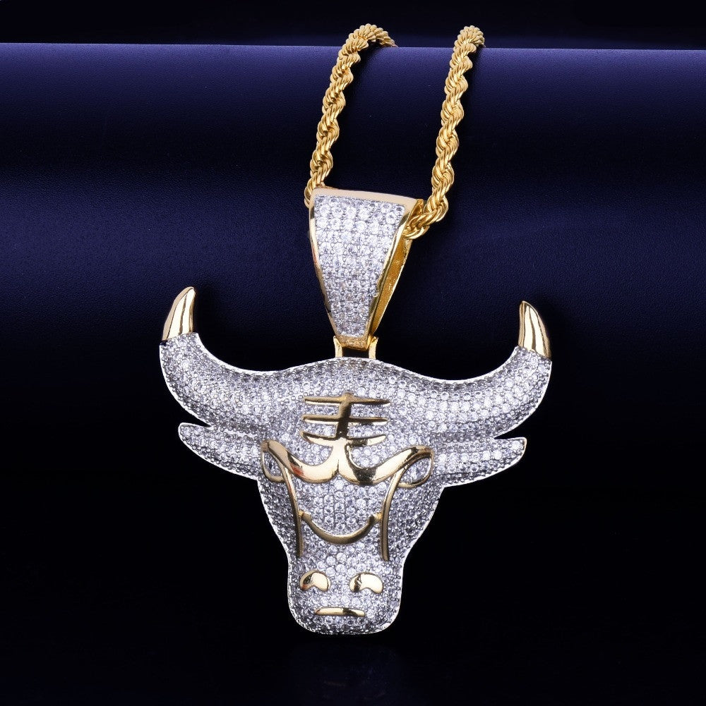 18k Gold .925 Silver Micro Paved AAA Stone Bull Head Tau Pendant Chain Necklace