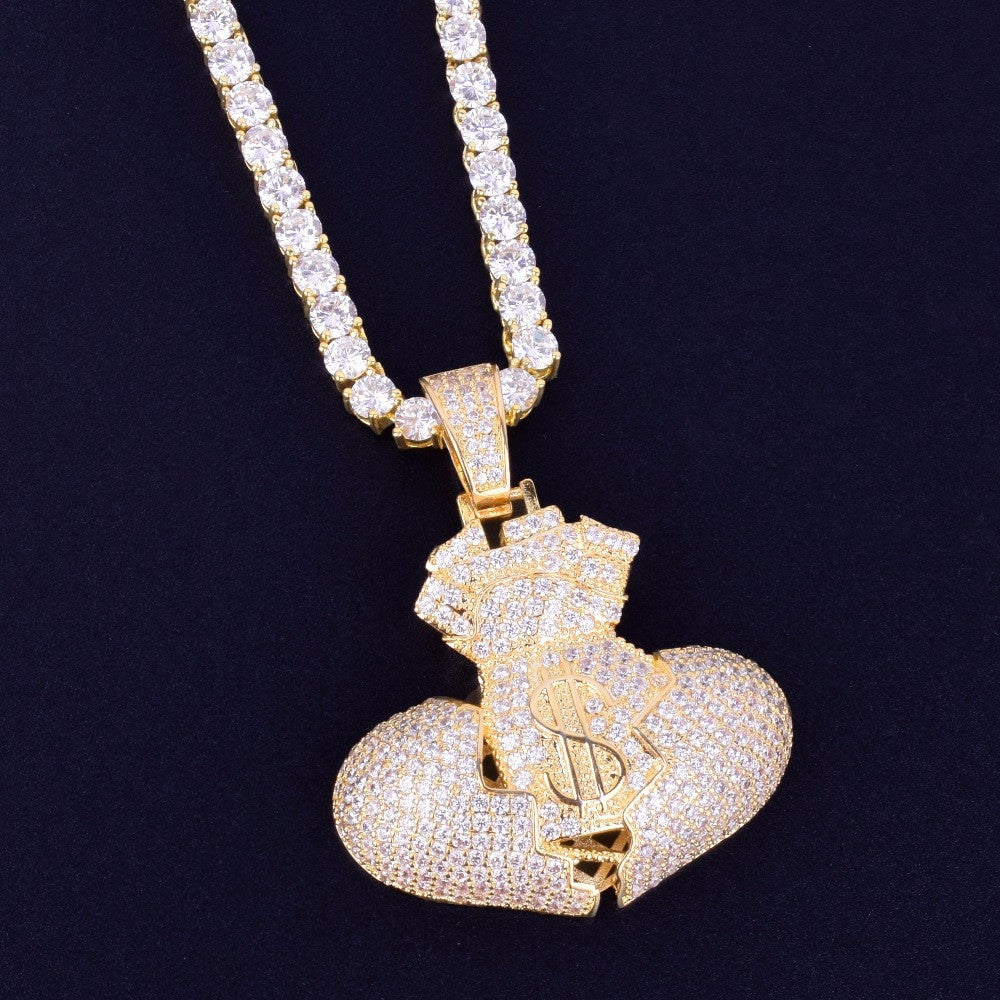 Heart Full of Money Iced Lab Diamond Rose Gold 18k .925 Silver Hip Hop Pendant Chain Necklace