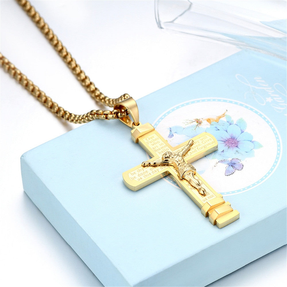 Mens Lords Prayer Layered No Fade Stainless Steel Jesus Crucifix Cross Pendant Chain