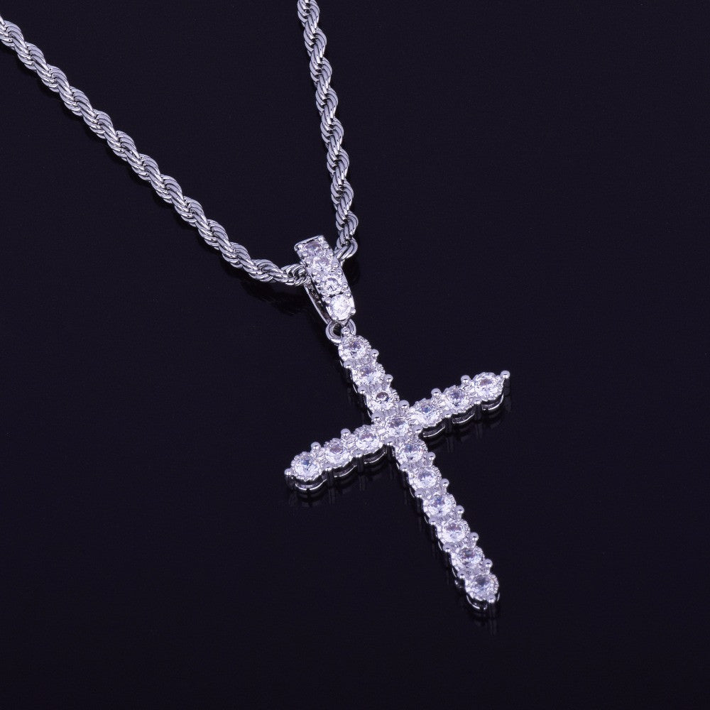 18k Gold .925 Silver Bling AAA Micro Pave Classic Ancient Cross Pendant Chain Necklace