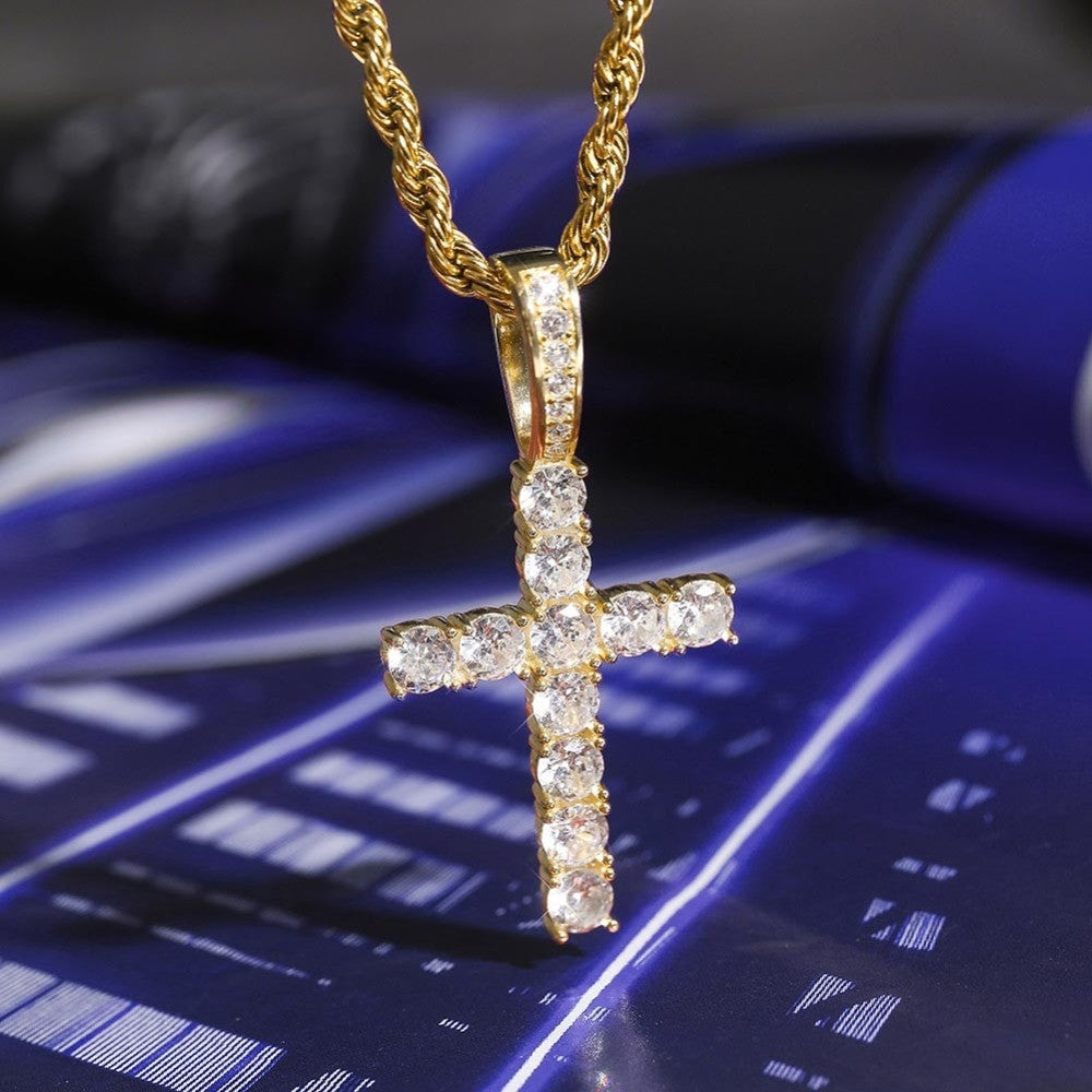 AAA Micro .925 Solid Sterling Silver Ultra Ice Bling Cross Pendant Chain Necklace
