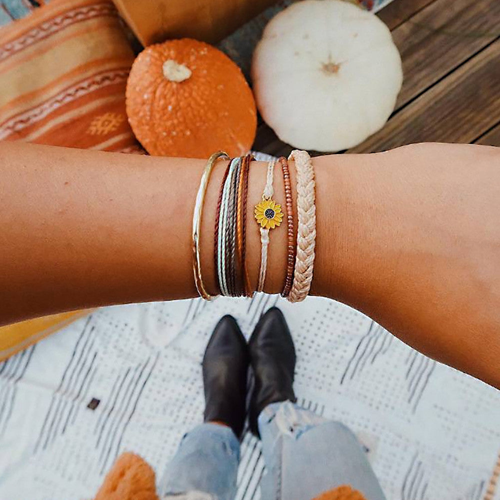 Sunflower Leather Rope Boho Style Reto 5 Piece Bracelet Set