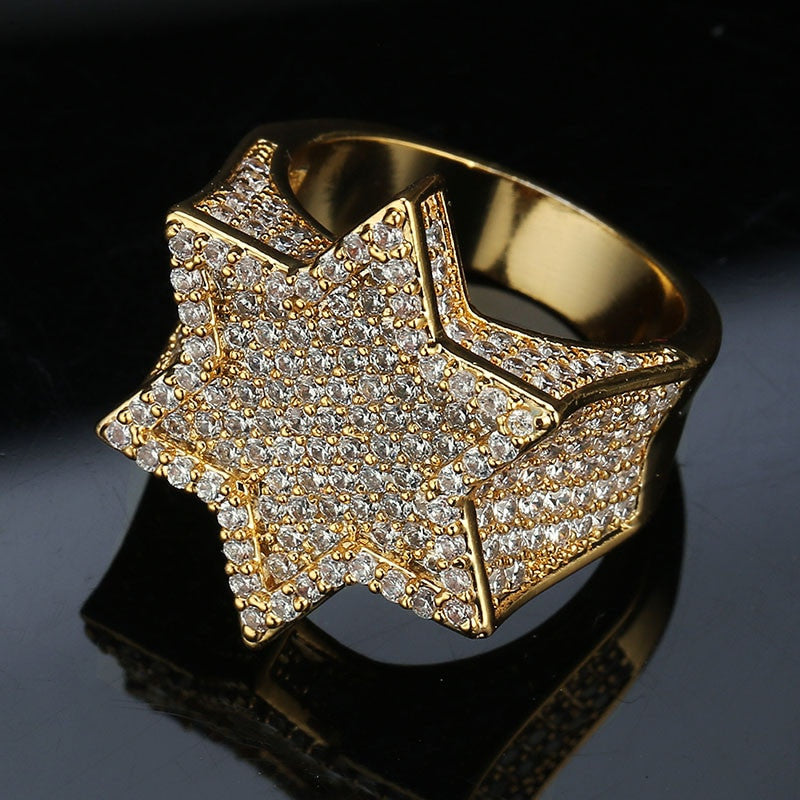 14k Gold Silver Flooded Iced Hexagon Star Rap Star Hip Hop Rings