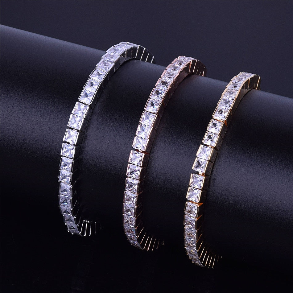 24k Gold Rose .925 Silver 5mm Flooded Ice AAA Princess Cut Stone Tennis Chain Bling Bracelet