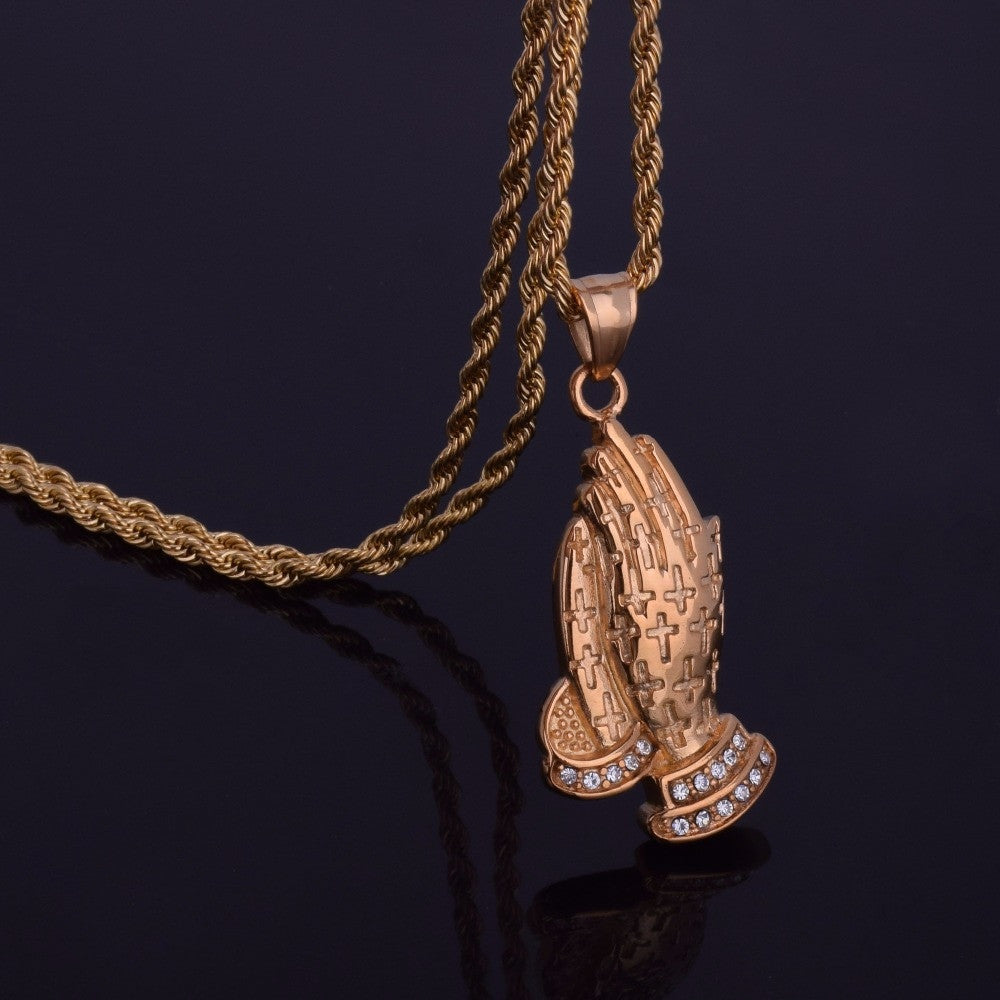 Golden Grace | 24k Gold Over Stainless Steel Cross Covered Prayer Hands Pendant