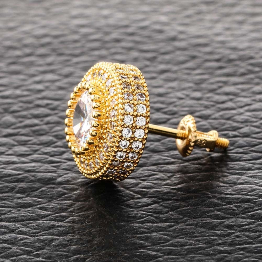 Hip Hop AAA Micro Pave Flooded Ice Bling Stud 14k Gold Silver Rose Gold Earrings