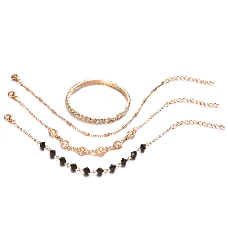 Ladies 4Piece Multi Layer Compass Beads Rhinestone Gold Bracelet Set