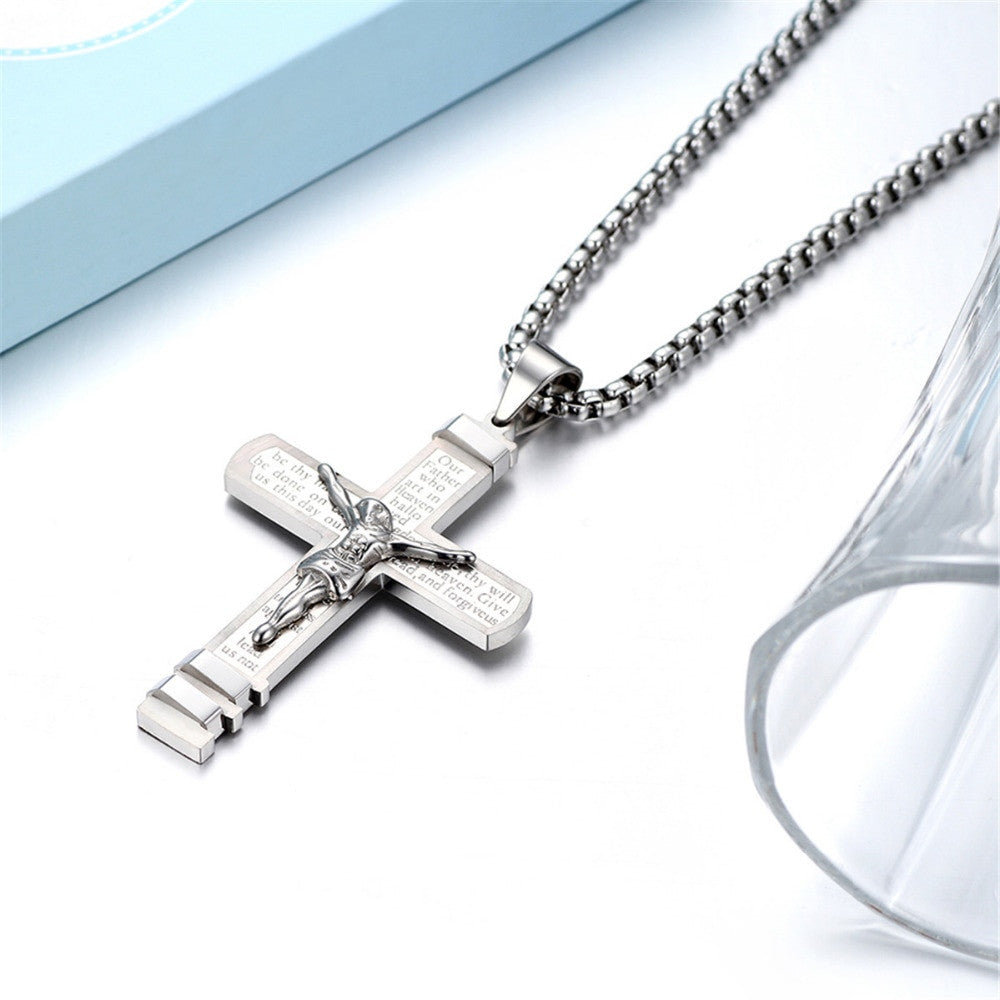 Mens Lords Prayer Layered No Fade Stainless Steel Jesus Crucifix Cross Pendant Chain