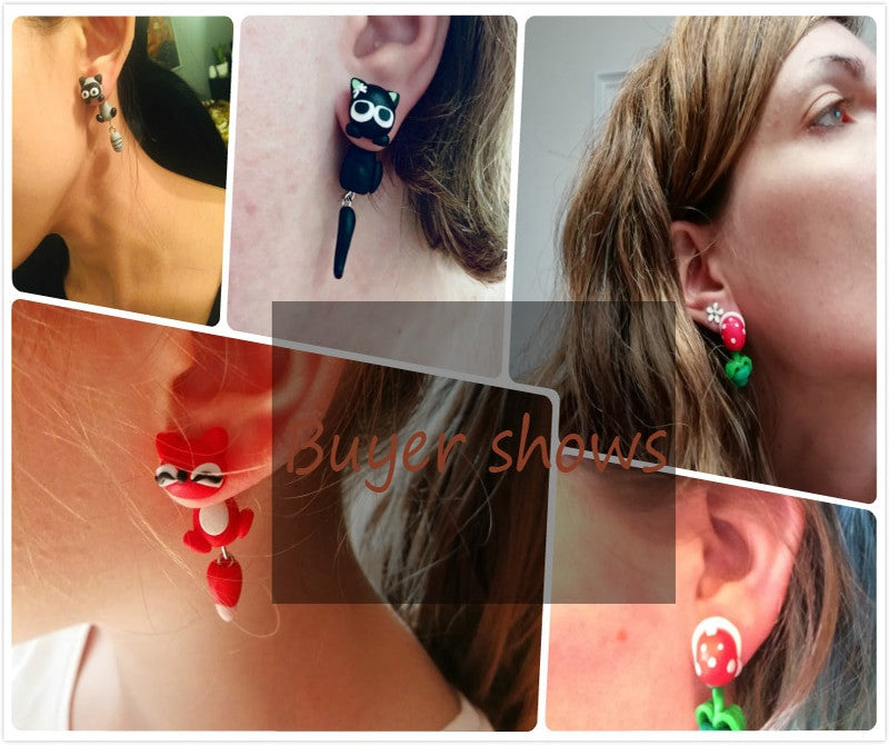 Women's Fashion Handmade Cute Kitten Cartoon Animal Mario Fox Plant Stud Earrings