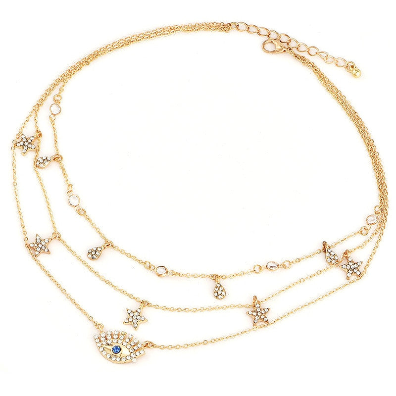 Ladies Stars Water Drops All Seeing Eye Crystal Gem 3 Piece Boho Necklace Set Gold