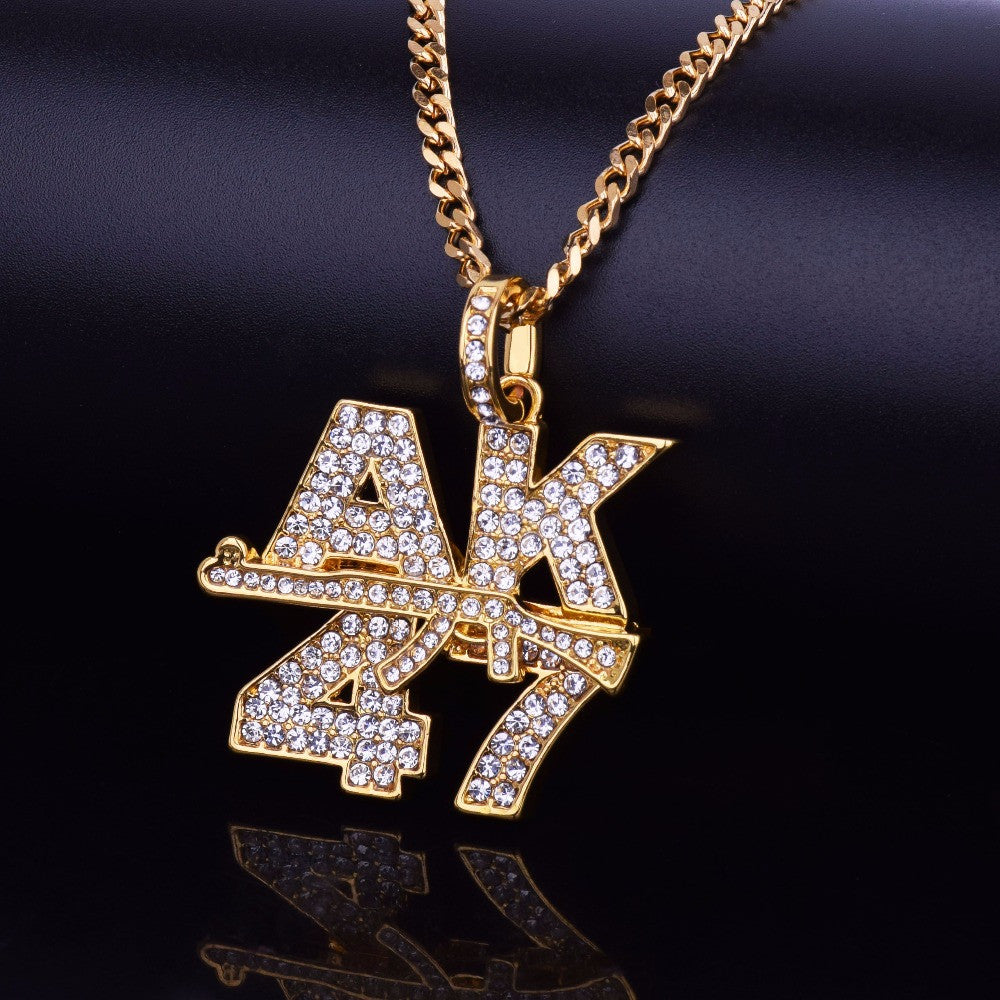 14k Gold Silver Iced Out Cuban Link Ak 47 Pendant Chain Set