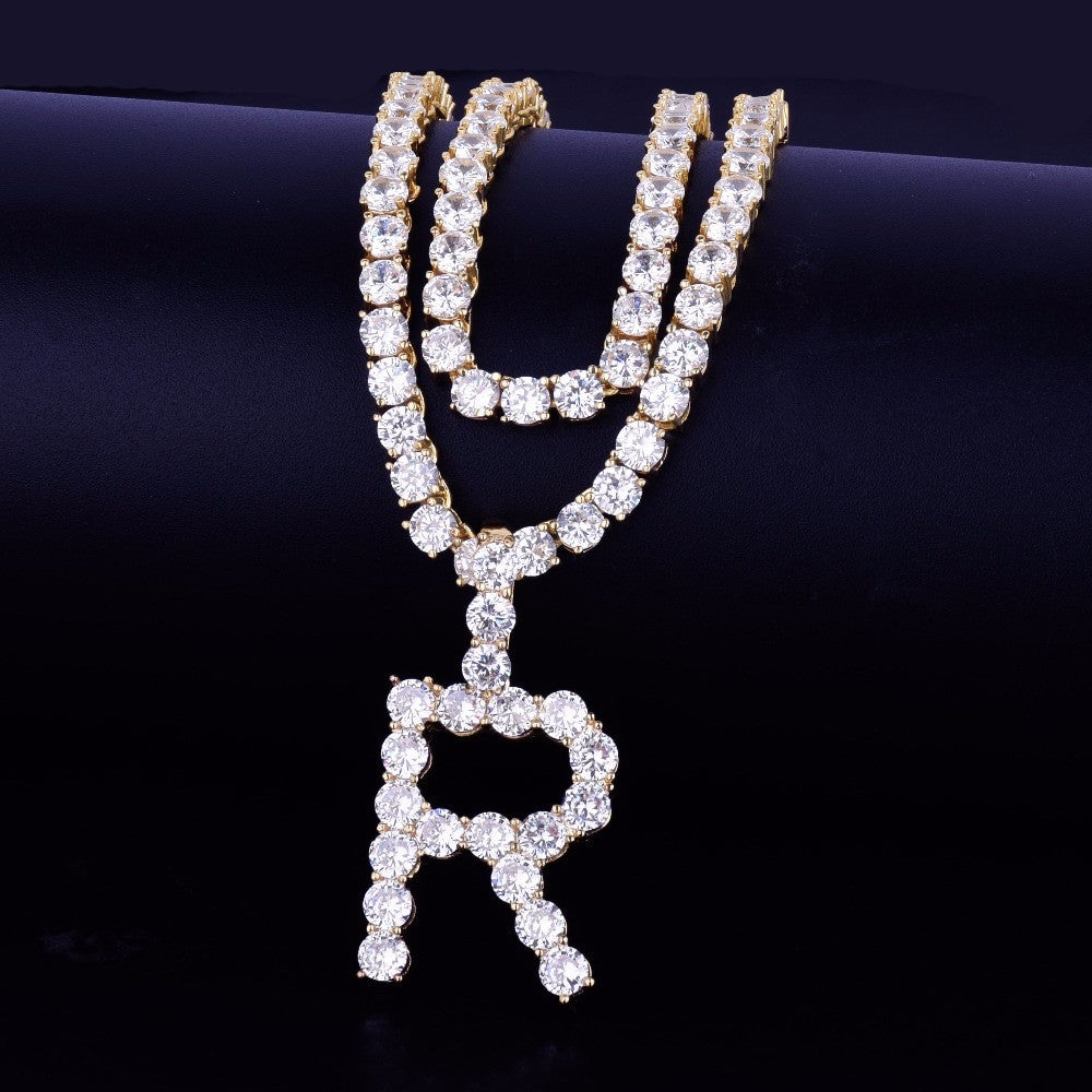 18k Gold AAA Stone Tennis Letter Custom Initial Hip Hop Pendant Chain Necklace
