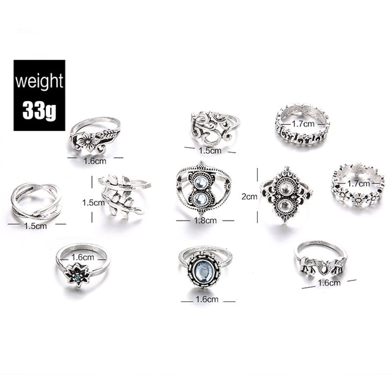 11 Piece Retro Boho Elephant Flower Twisted Leaves Cross Gem Ring Set