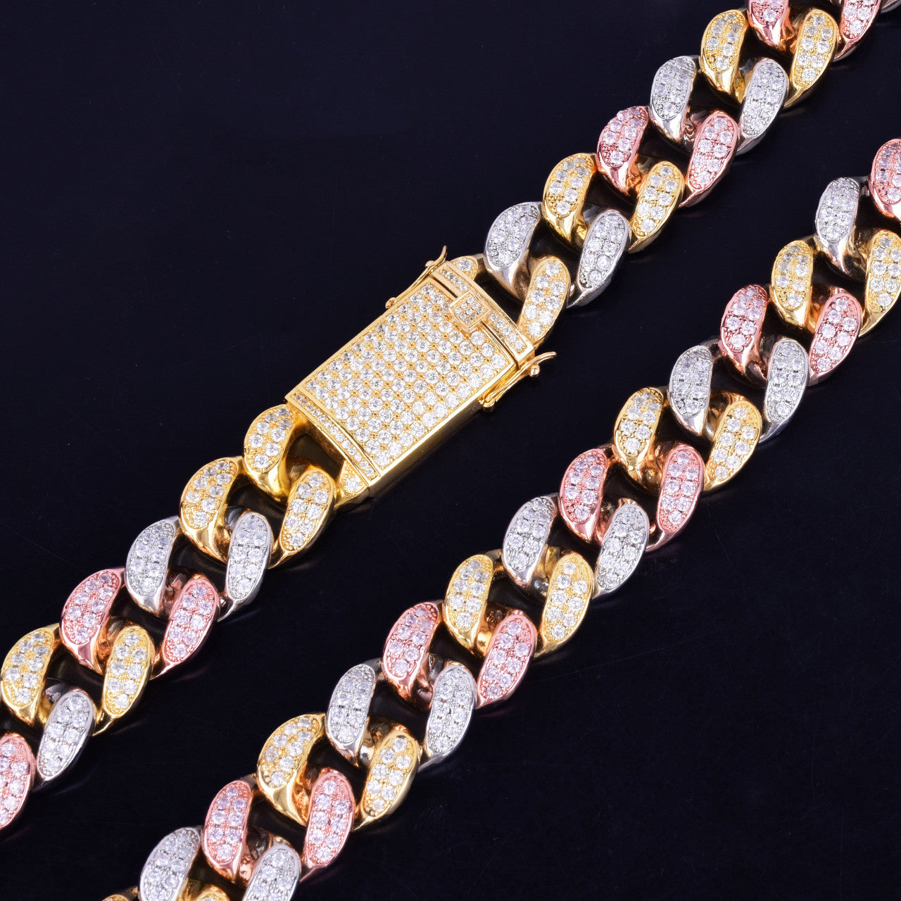 20mm Heavy Tri Color 14k Gold Silver Rose Micro Pave Miami Cuban Link Chain Necklace