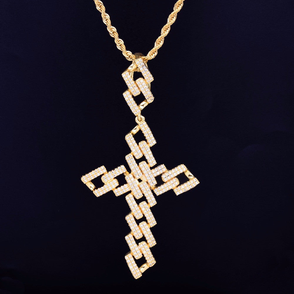 AAA True Micro Pave 18k Rose Gold .925 Silver Miami Cuban Link Cross Pendant