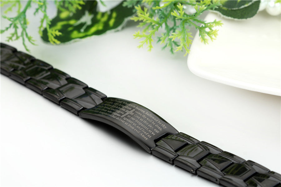 Polished Black Stainless Steel Mens Lords Prayer High Fashion Bracelets