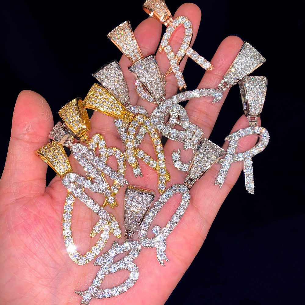 Fine Print 14k Gold .925 Silver Flooded Ice Custom Letter Hip Hop Tennis Chain Pendants