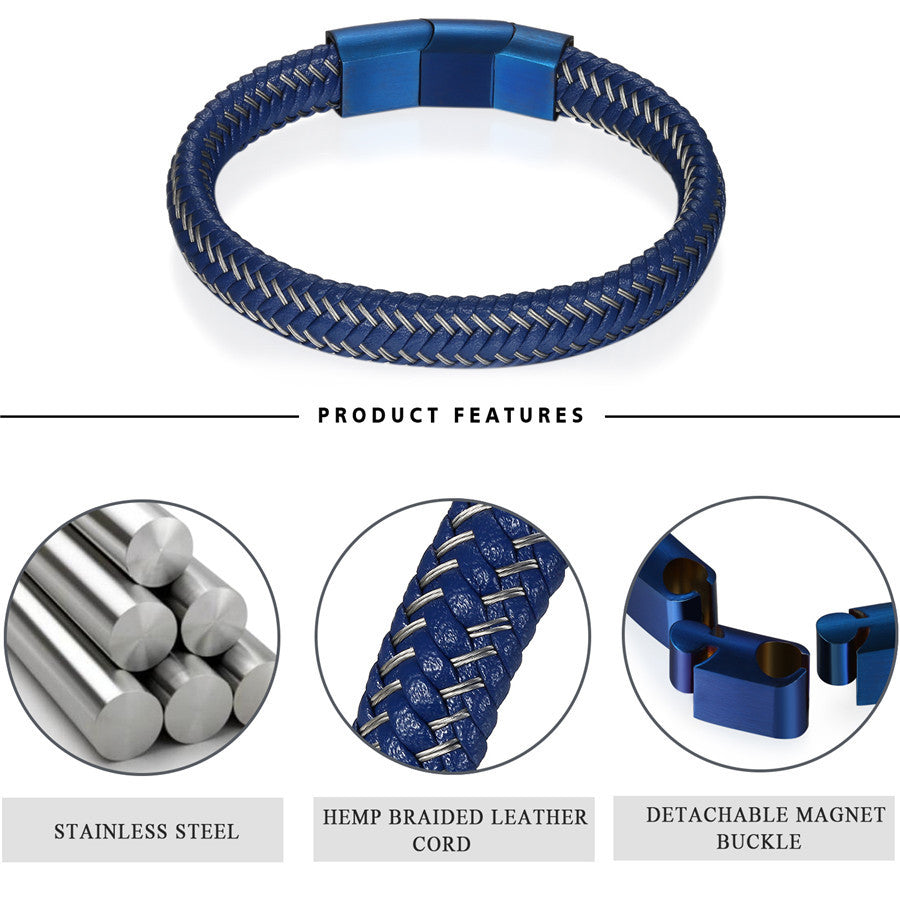 Mens Blue Steel High Fashion Stainless Steel Leather Hip Hop Bracelet