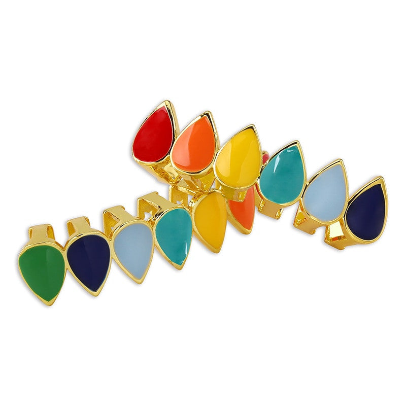 Hip Hop Rainbow Tear Drops 14k Gold .925 Silver Grillz Top Bottom Teeth Grill Set