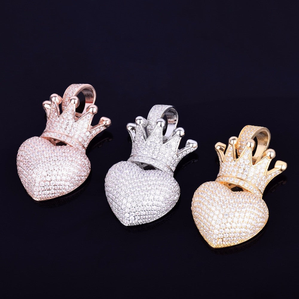 AAA True Micro Pave Crowned Heart 18k Rose Gold .925 Silver Iced Pendant Chain Necklace