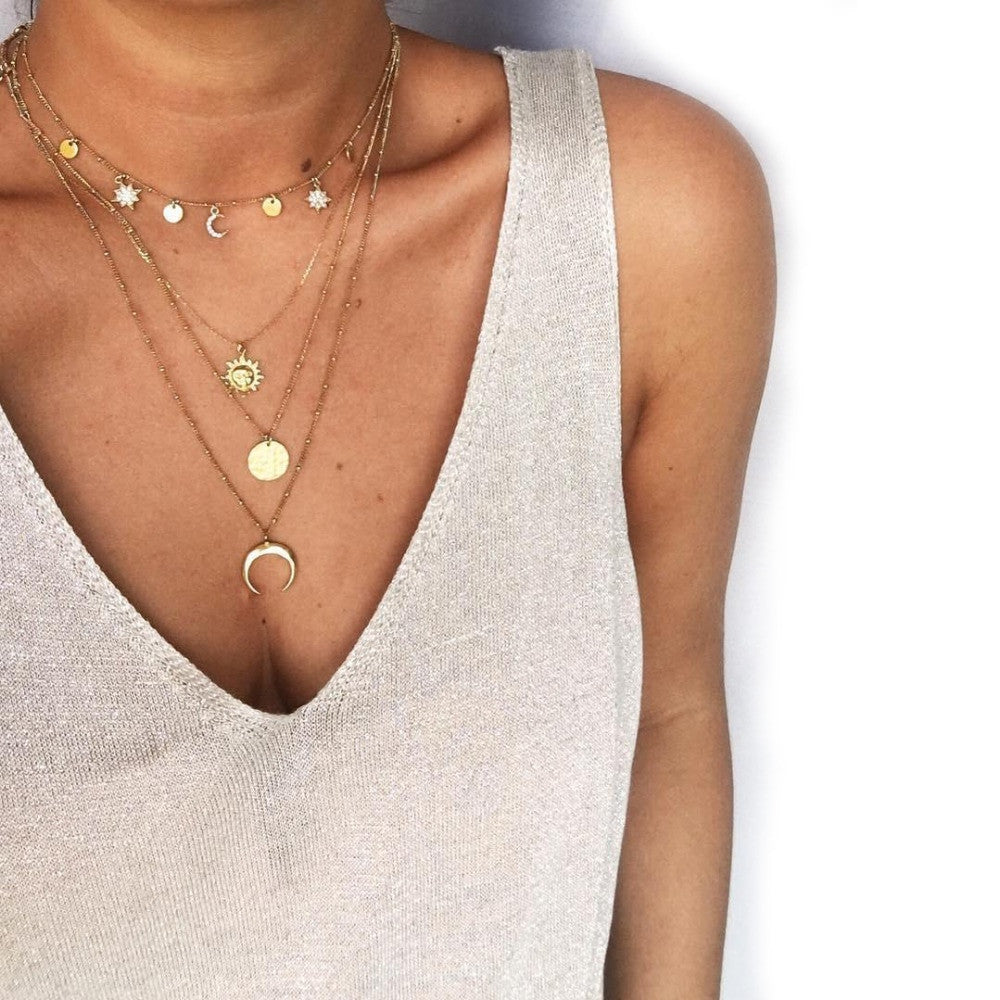 Crystal Stars Moon Tarot Symbol Boho Fashion Gold 4 Piece Necklace Set