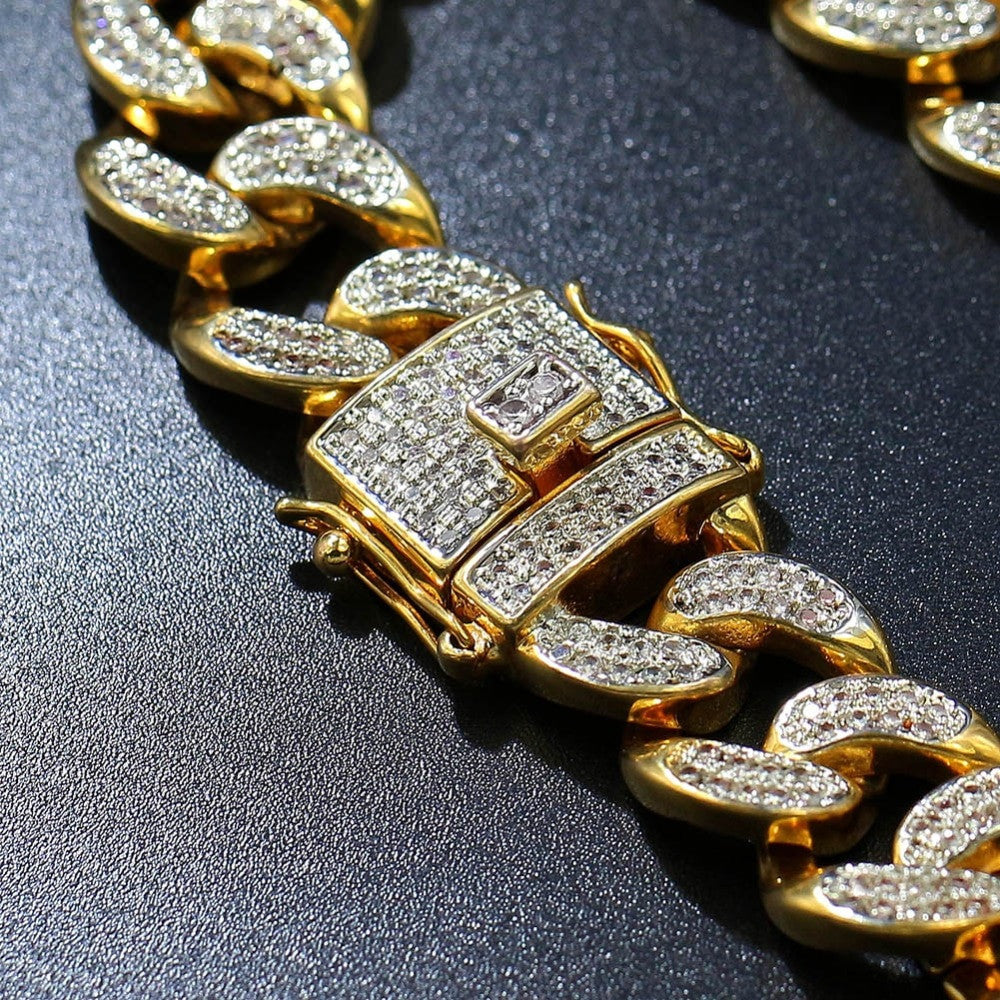 Hip Hop 14mm AAA True Micro Pave Flooded Ice Gold Silver Cuban Link Bracelet