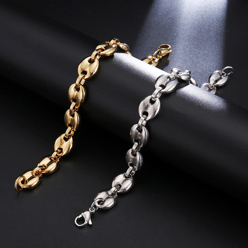 11MM G Link Coffee Beans Stainless Steel 14k Gold Silver Hip Hop Chain Bracelet Jewelry Set