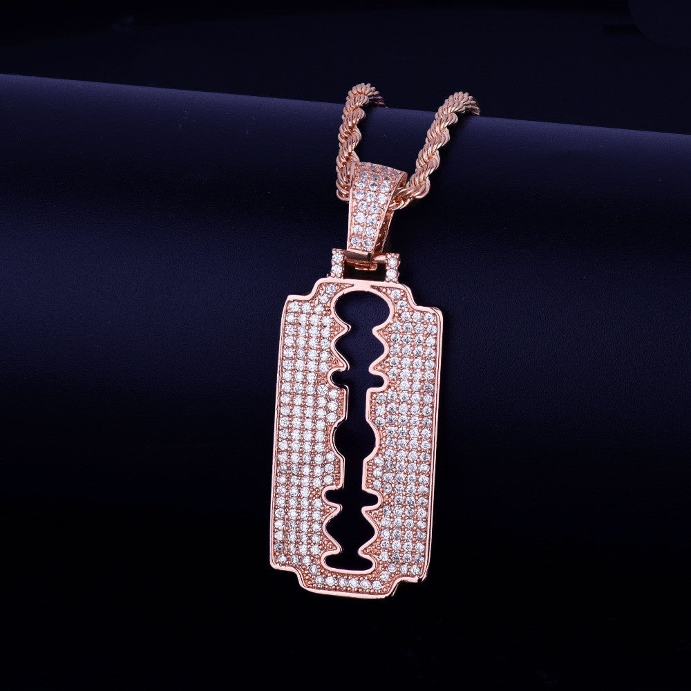 Flooded Ice 18k Gold .925 Silver Rose AAA Micro Pave Razor Blade Hip Hop Pendants Chain