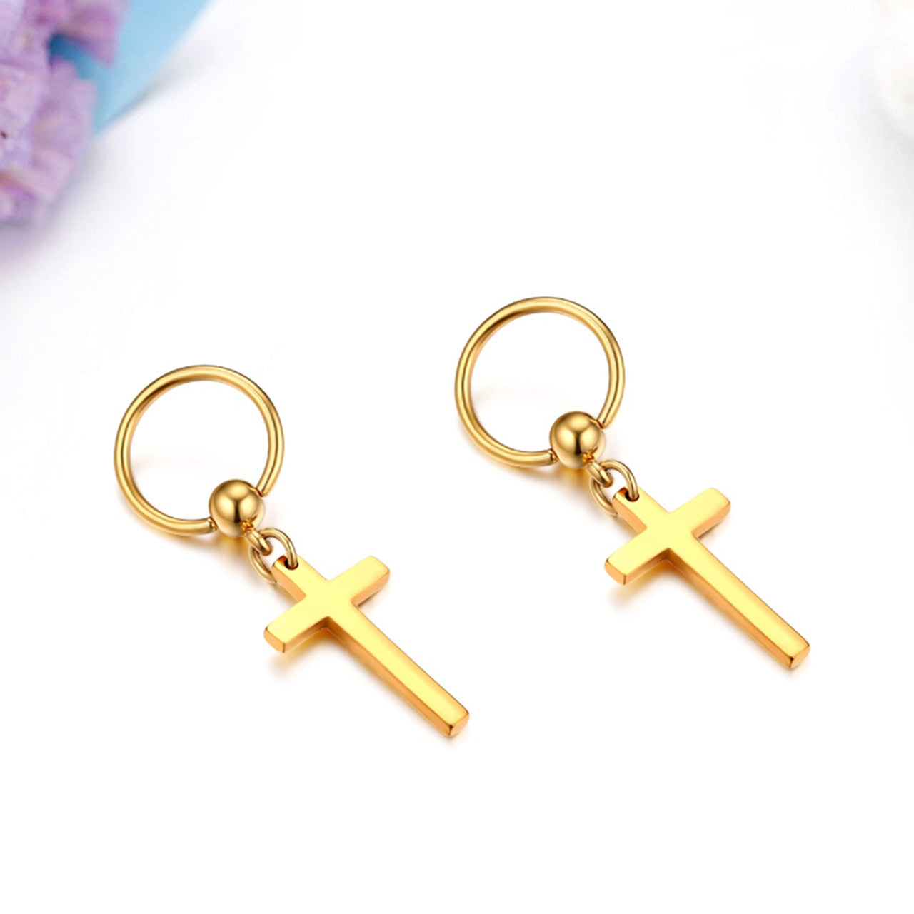 High Fashion Dangle Hoop Cross Gold Black Silver Rainbow Solid 316 Stainless Steel Earrings