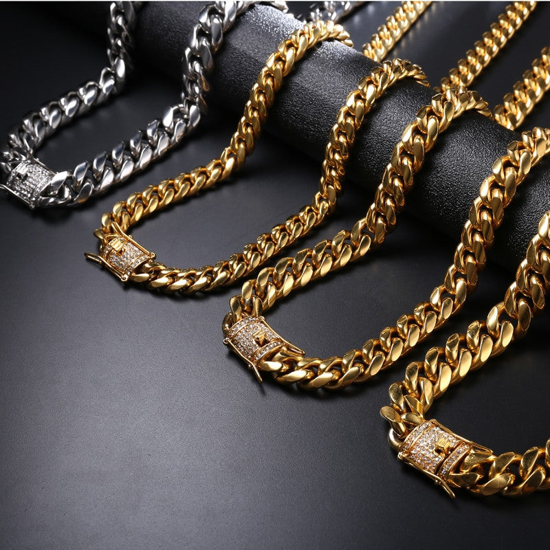Hip Hop Mens Iced Clasp 316L Stainless Steel Cuban Link Bling Bling Chain Necklaces
