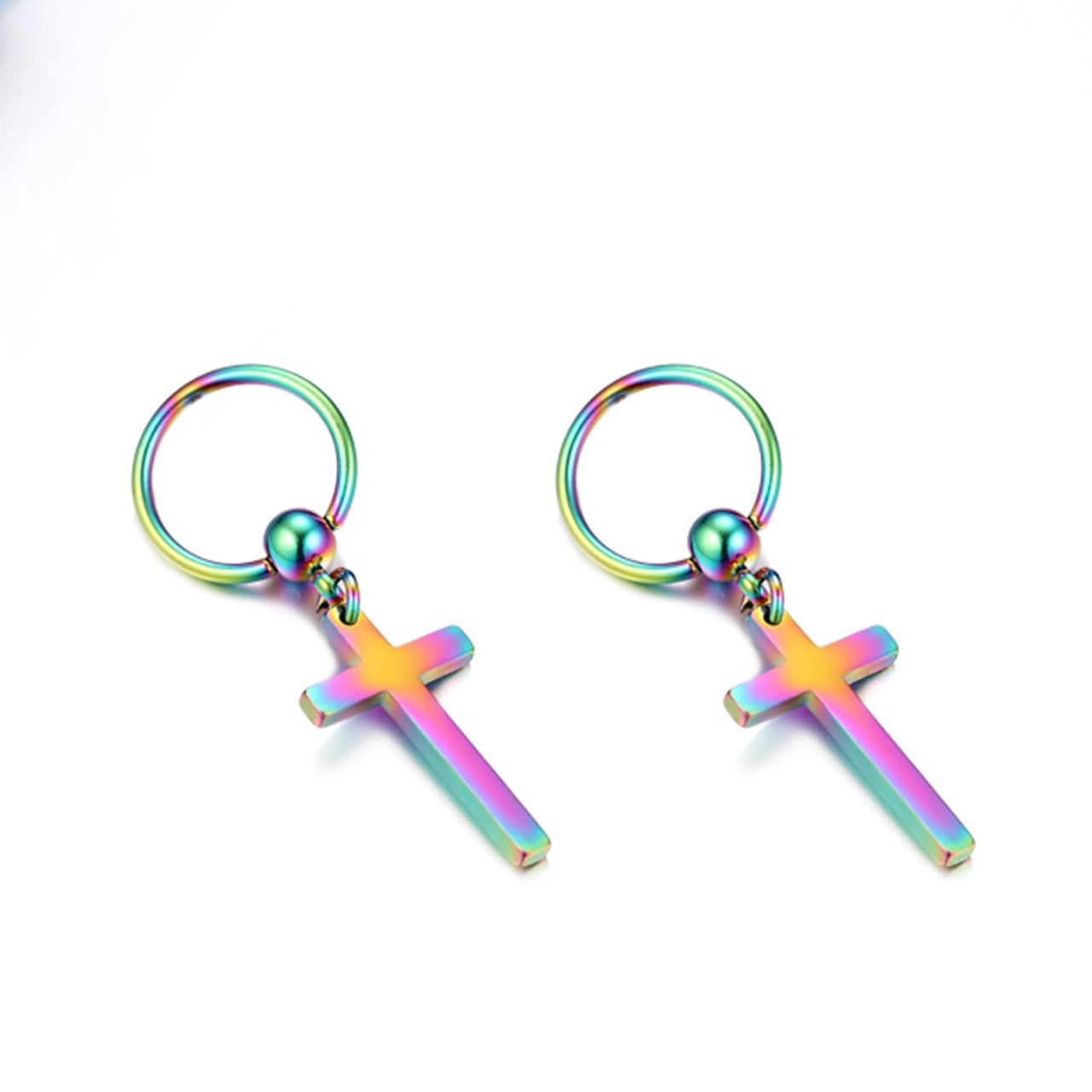 High Fashion Dangle Hoop Cross Gold Black Silver Rainbow Solid 316 Stainless Steel Earrings