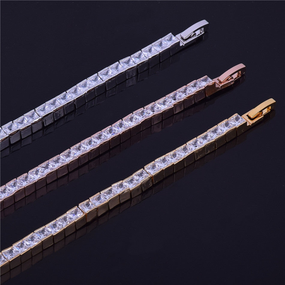 24k Gold Rose .925 Silver 5mm Flooded Ice AAA Princess Cut Stone Tennis Chain Bling Bracelet