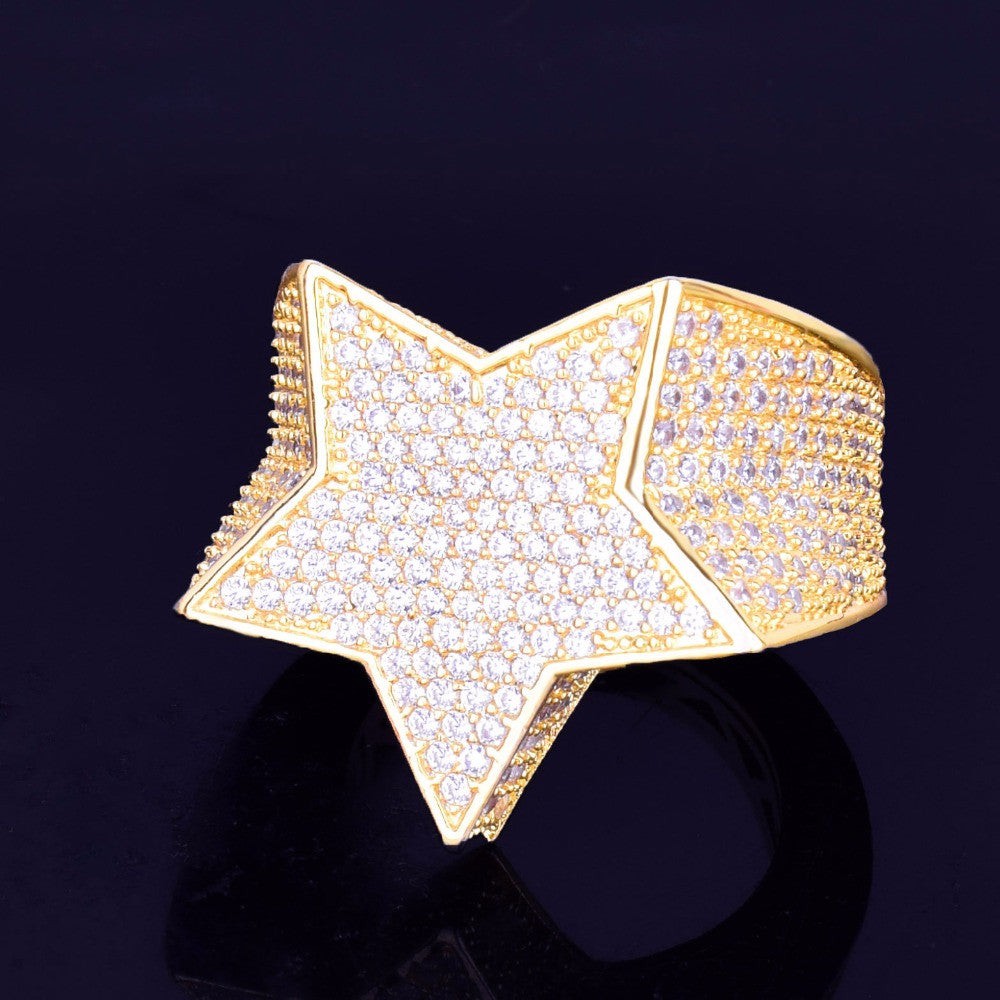 StarStruck | Hip Hop Five Star Men's 18k Gold Silver Flooded Ice Prong Set Ring