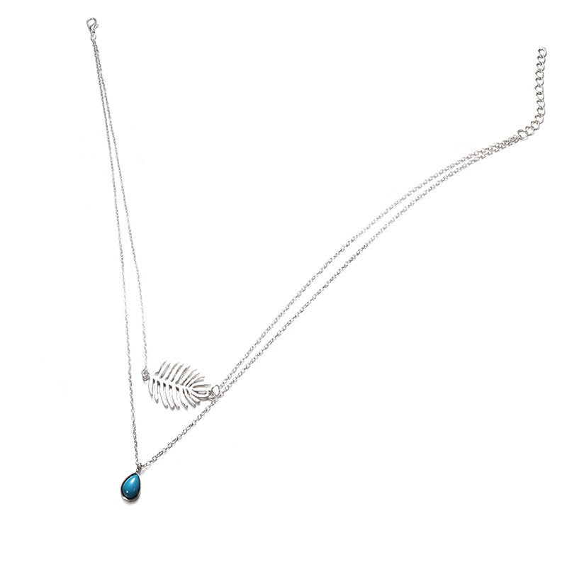 Boho Silver Leaf Water Drop Gem Multi Layer Chain Necklace Silver Set