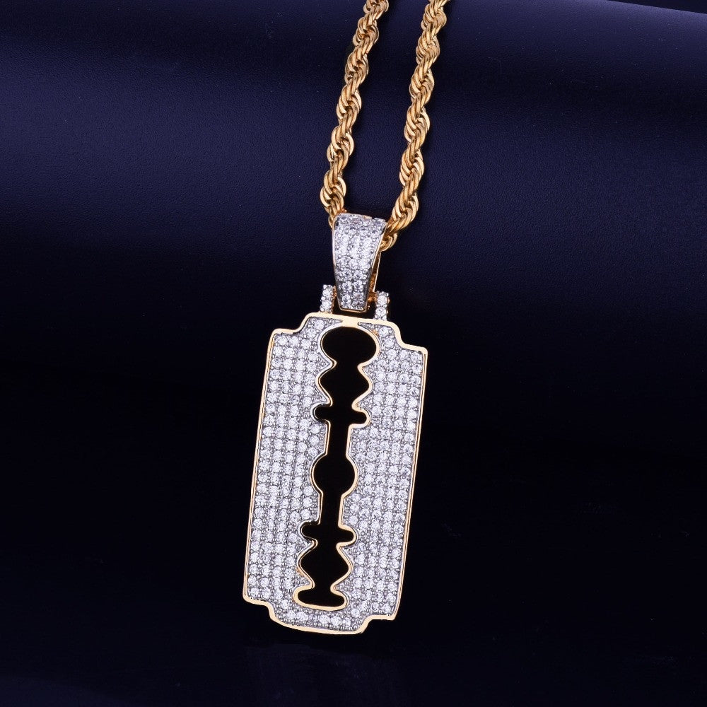 Flooded Ice 18k Gold .925 Silver Rose AAA Micro Pave Razor Blade Hip Hop Pendants Chain
